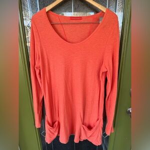 Large Orange Slub Cotton Linen Blend Long Sleeve Pockets Tunic Racer Back Cut
